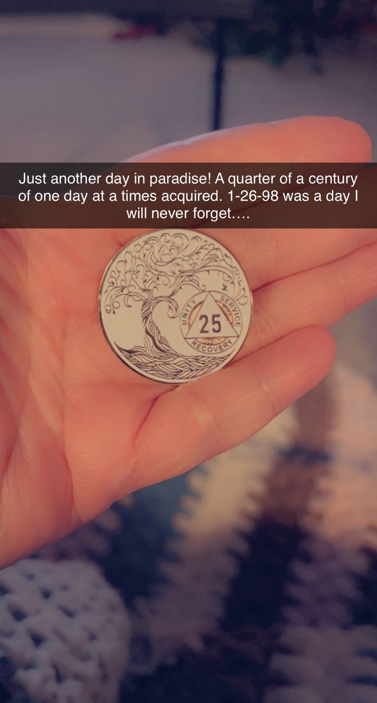 Customer photo review of 25 Year Sobriety Mint Twisted Tree of Life Gold Plated AA Recovery Medallion - Twenty-Five Year Chip/Coin - White