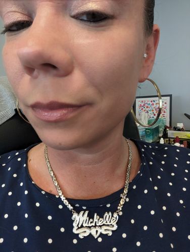 Customer photo review of Double Plated Script Name Necklace with Hugs and Kisses Chain