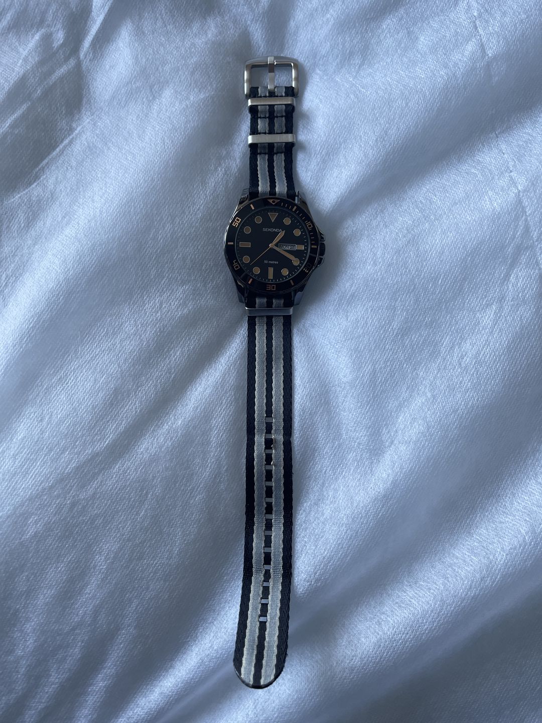 Customer photo review of Premium Woven Military Style Watch Strap - Black, Grey and Beige (No Time To Die Strap)