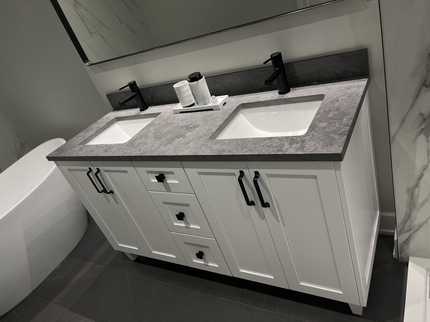 Customer photo review of Bridgeport 60" Satin White Bathroom Vanity, Double Sink