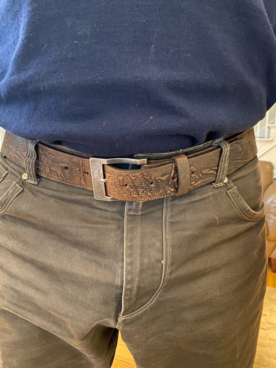 Customer photo review of The Wildlife Belt - Cognac Embossed Full Grain Leather Belt Made in Canada