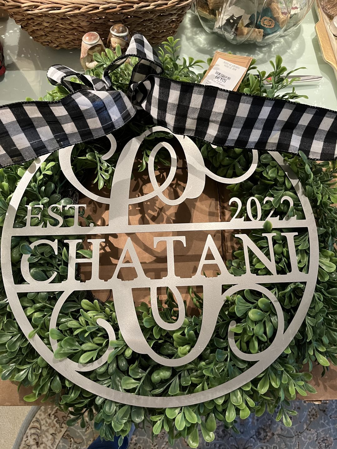 Customer photo review of 15" Established Circle Name and Date Monogram - Custom Wreath Hanger Wall Decor