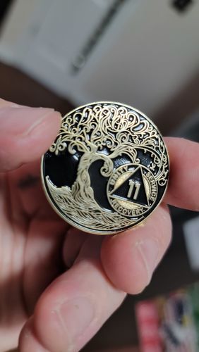 Customer photo review of 11 Year Sobriety Mint Twisted Tree of Life Gold Plated AA Recovery Medallion - Eleven Year Chip/Coin - Black