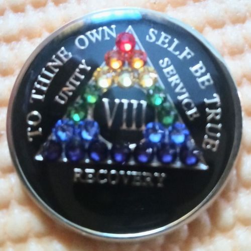 Customer photo review of Recovery Mint 8 Year Bling AA Medallion - Crystallized Tri-Plate Eight Year Chip/Coin - Black Rainbow