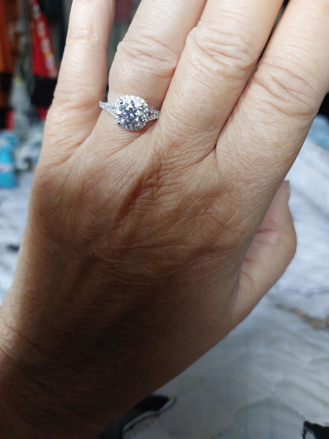 Customer photo review of Moissanite Split Shank Square Halo Pave Sterling Silver Wedding Ring