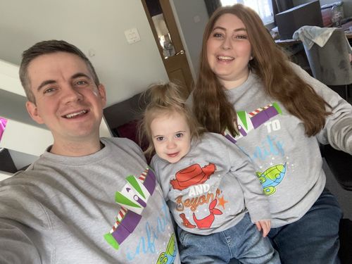Customer photo review of Infinity And Beyond Cartoon Adult & Kid Matching Grey Sweatshirts