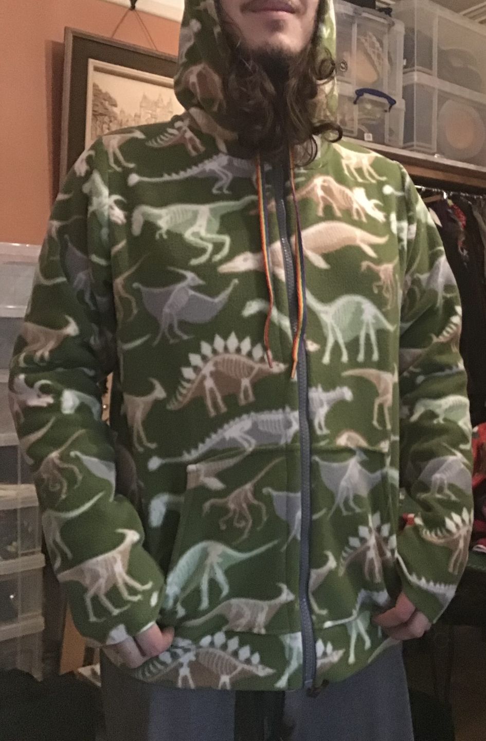 Customer photo review of Dino Skeletons on Green Anti Pill Polar Fleece Fabric
