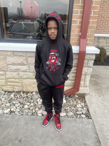 Customer photo review of Baby Devil Raw Drip Red Chenille Hoodie and Jogger Set