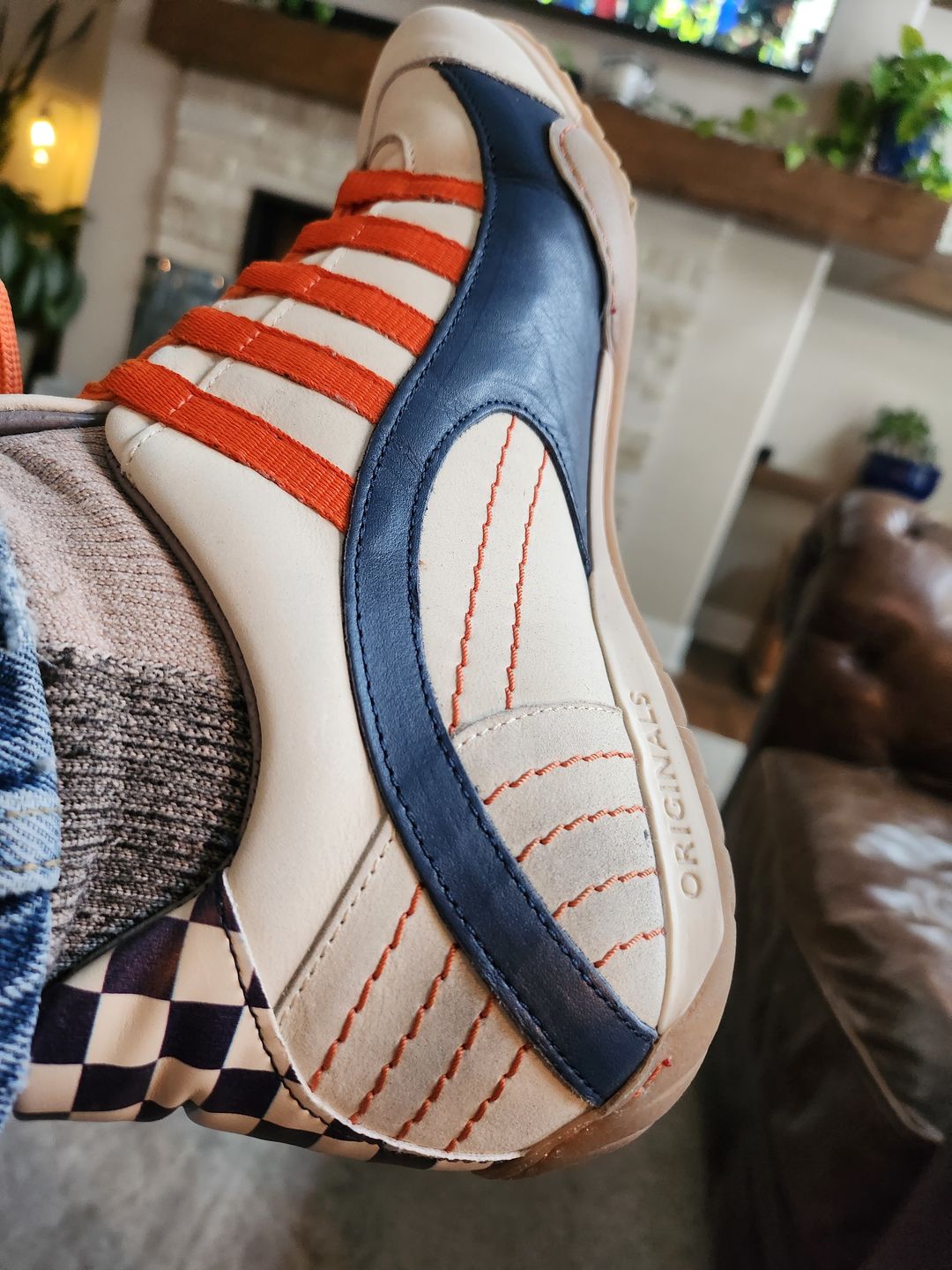 Customer photo review of Men's Racing Sneaker in Racing Oil (Creamy White with Navy and Orange)