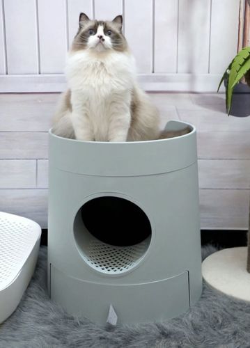 Customer photo review of Mayitwill XL Castle 2 in 1 Front-Entry Cat Litter Box with Scratch Basin, Scoop included, Morandi Green