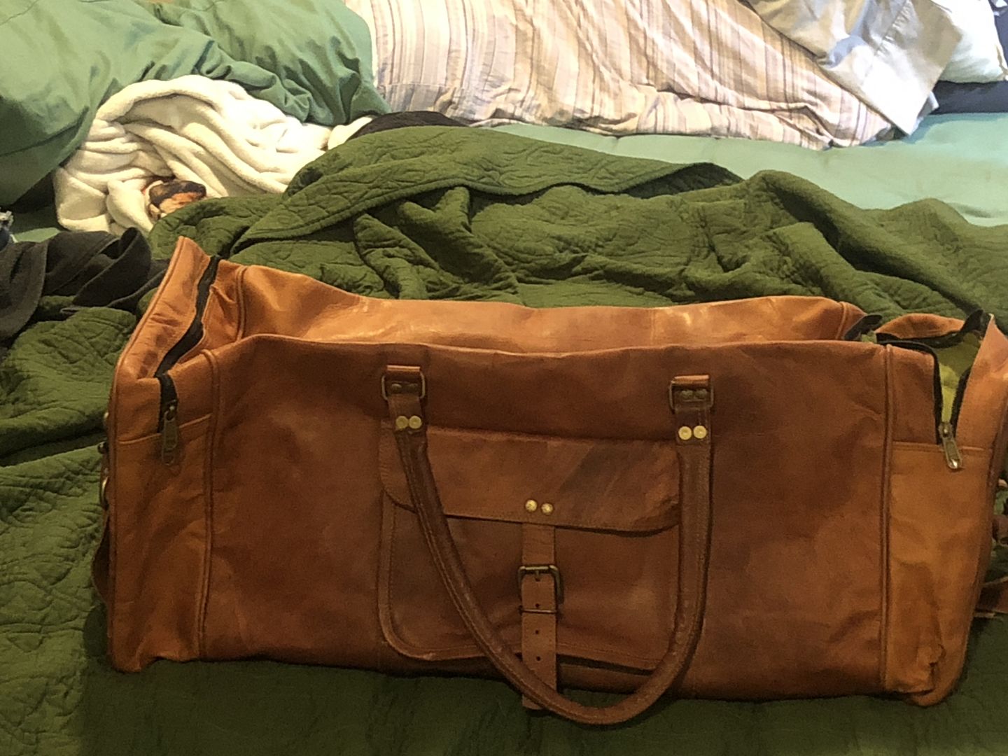 Customer photo review of Square Overnight Leather Duffel Bag