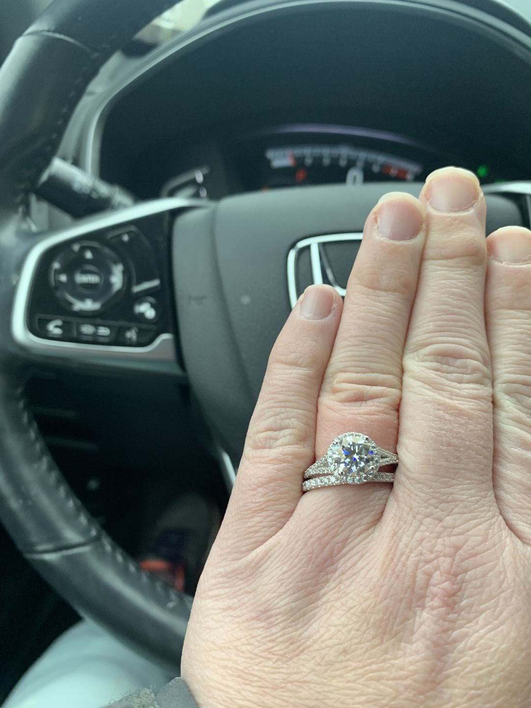 Customer photo review of Moissanite Split Shank Square Halo Pave Sterling Silver Wedding Ring