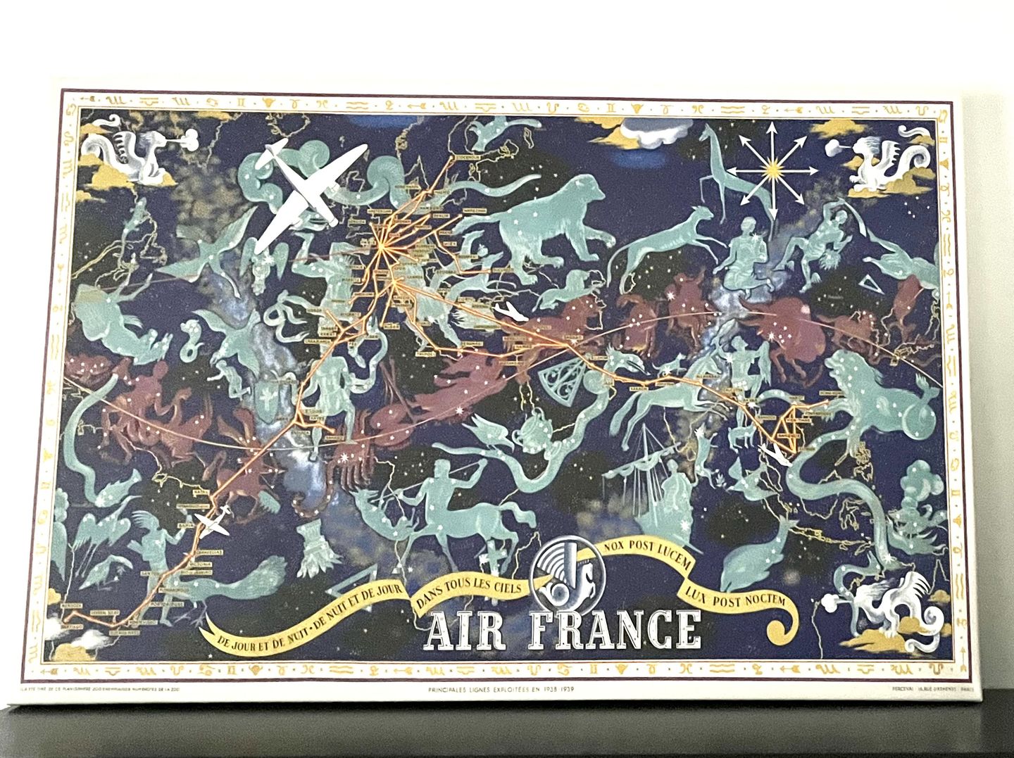 Customer photo review of Old Air France Zodiac World Map, 1939 by Lucien Boucher - Historical Aircraft Route Celestial Wall Chart