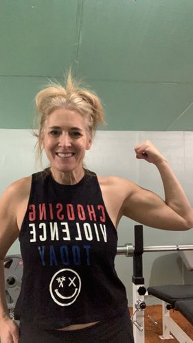 Customer photo review of "Choosing Violence" Ladies Flowy Crop Tank | RWB