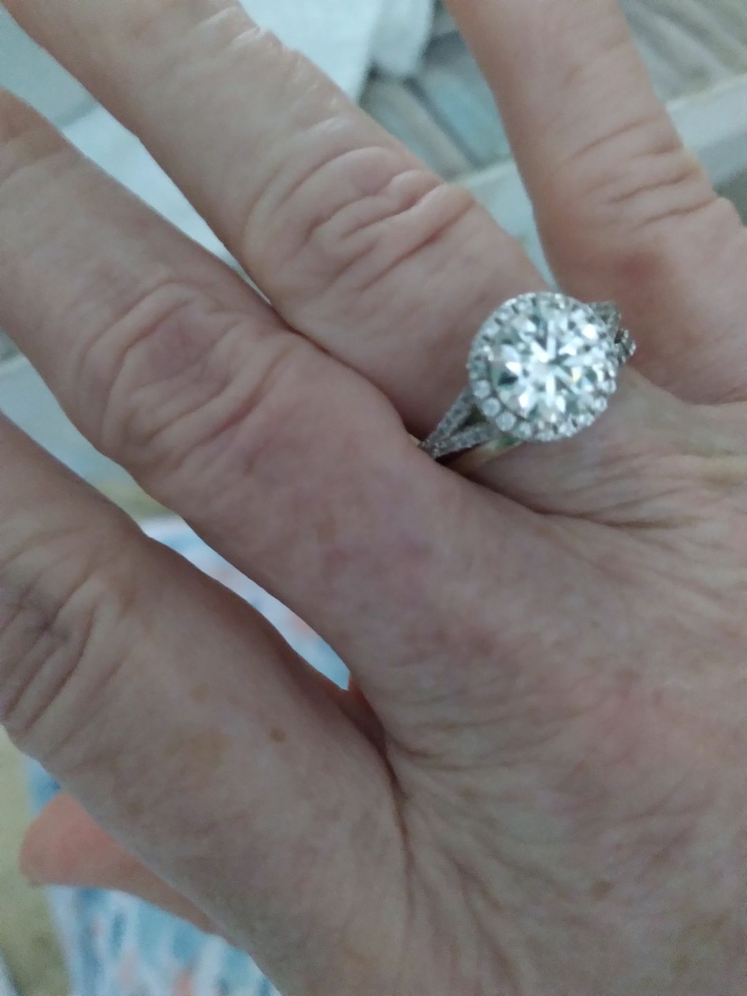 Customer photo review of Round Moissanite Split Shank Halo Pave Sterling Silver Wedding Ring