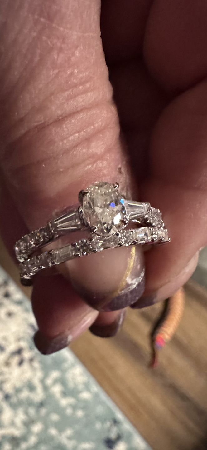 Customer photo review of Alternating Baguette and Round Moissanite Half Eternity Wedding Band
