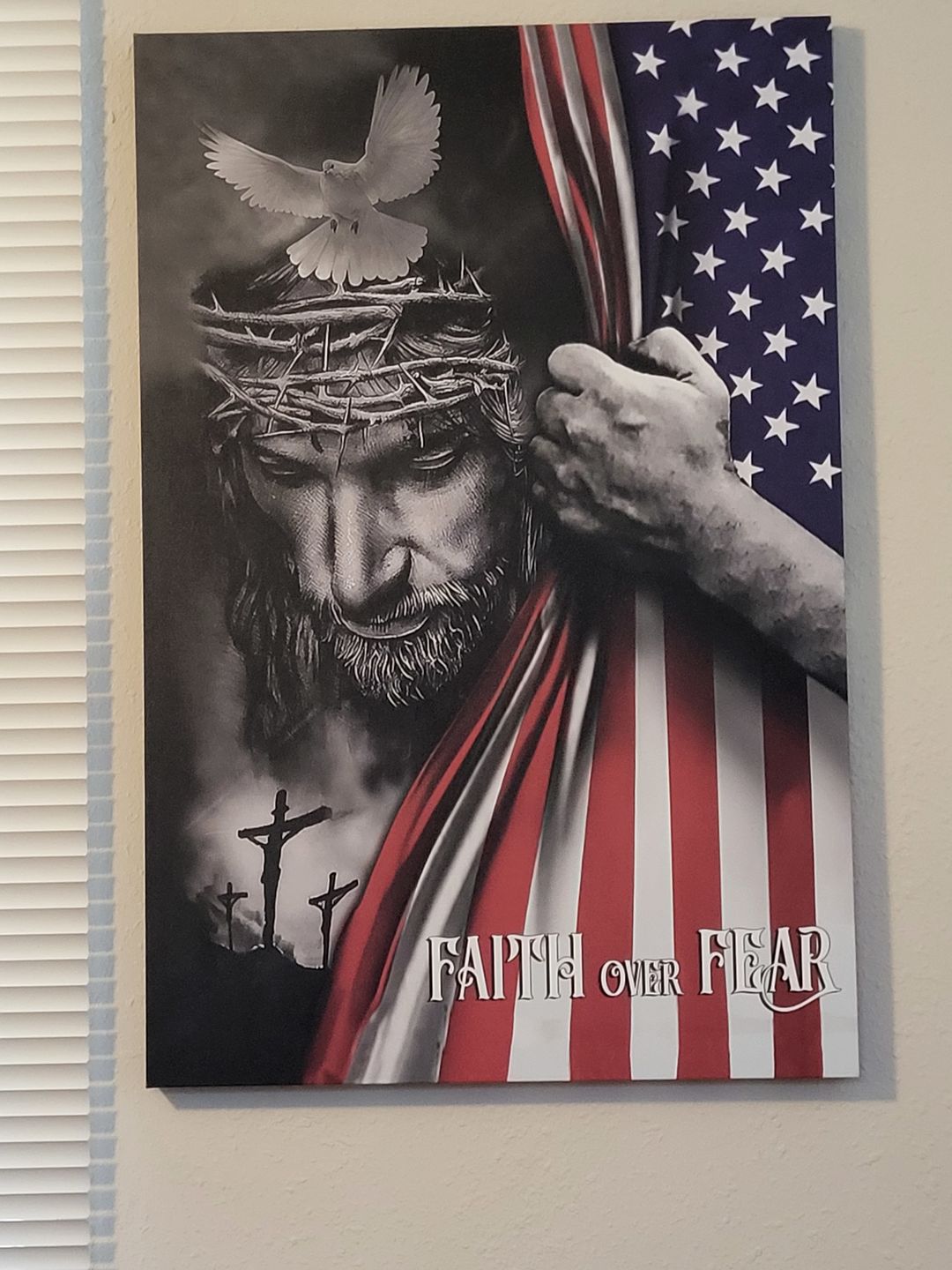 Customer photo review of Patriotic Christian wall art: Faith over fear Jesus Christ American flag canvas print