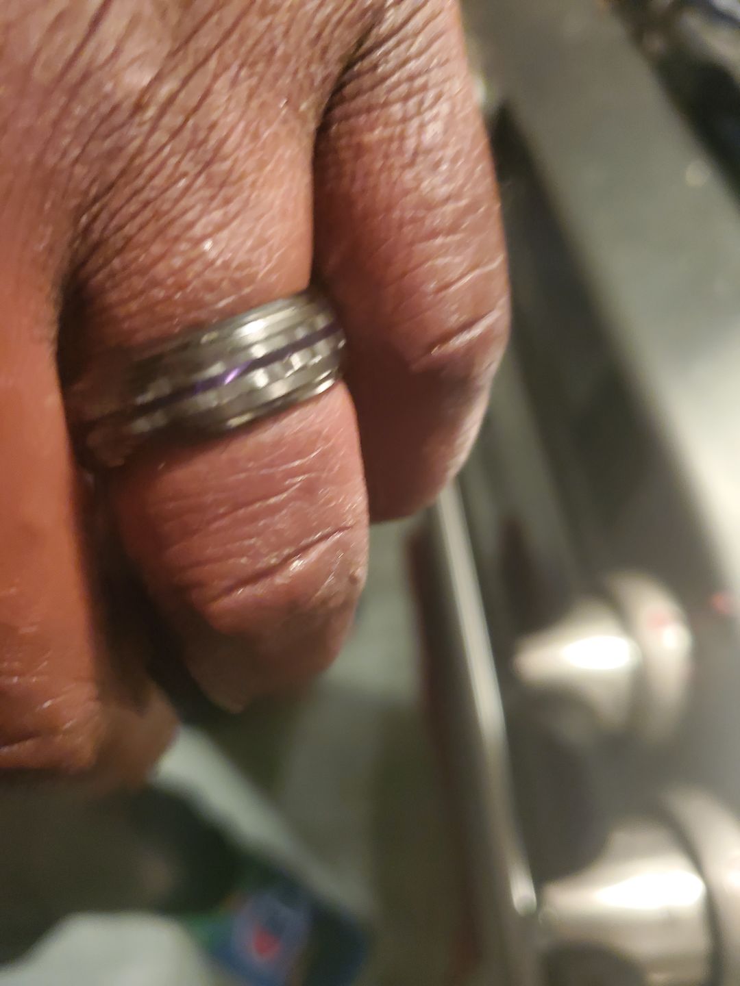 Customer photo review of 8mm - Tungsten Gunmetal wedding Rings, Carbon Fiber W/ Purple Wood Wedding Band