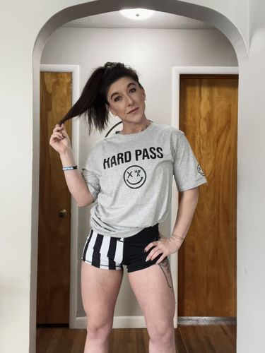 Customer photo review of Salty Savage Ladies “HARD PASS” Oversized Boyfriend Tee | In Your Face | Gray/Black
