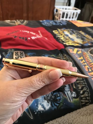 Customer photo review of .308 Real Bullet Authentic Brass Casing Refillable Twist Pen - Tactical Gift Box - Polished Brass