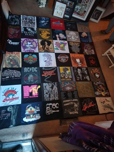 T-shirt quilt with music, rock music themes by Erin from KY