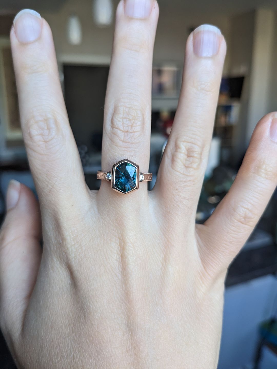 Customer photo review of Custom Listing for Diamond - Blue Sapphire multi bezel engraved ring in 14kt rose gold