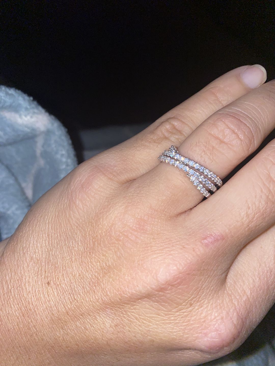 Customer photo review of Triple Criss-Cross Moissanite Pave Half Eternity Wedding Band Ring