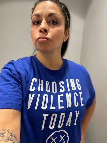 Customer photo review of Salty Savage Ladies "CHOOSING VIOLENCE TODAY" Crop Tee | In Your Face | Royal Blue/White