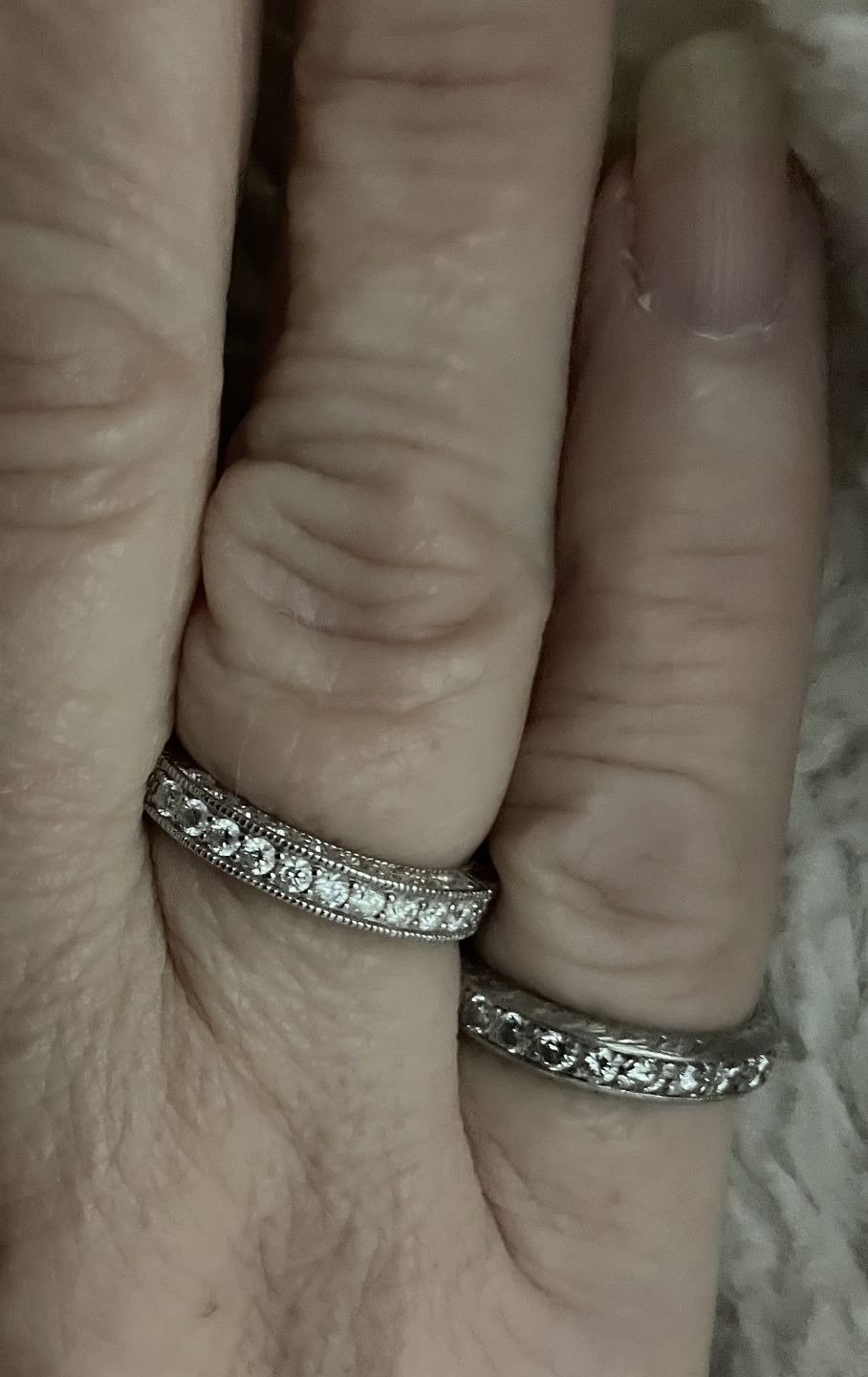 Customer photo review of Vintage Moissanite Sterling Silver Wedding Band Stackable Ring