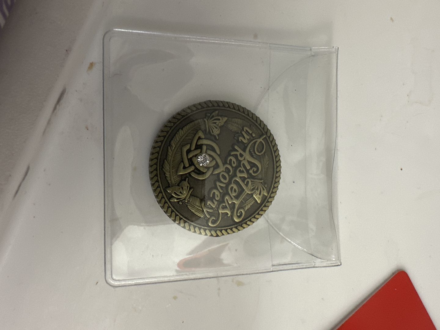 Customer photo review of Sisters in Recovery Specialty AA/NA Medallion - Bronze with Crystal