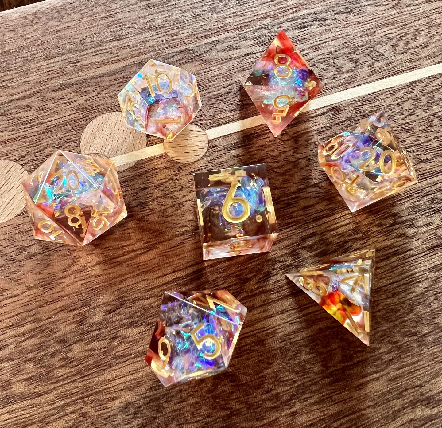 Customer photo review of Ethereal Light 7pc Polyhedral DND RPG Sharp-Edged Resin Dice Set