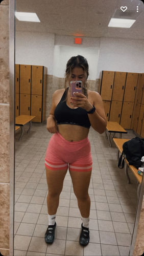 Customer photo review of Pink Striped Scrunch Butt Biker Shorts