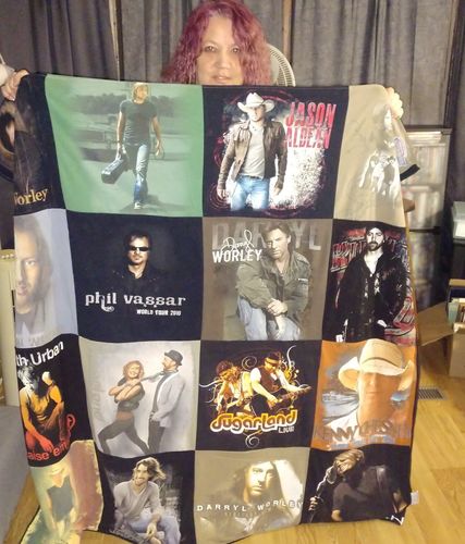 T-shirt quilt with country music, music concerts themes by Karen from IN