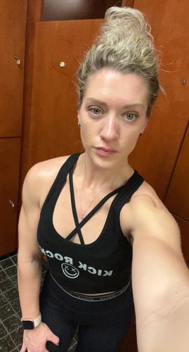 Customer photo review of Salty Savage Ladies "Kick Rocks" Cropped Racerback Tank | Black/White
