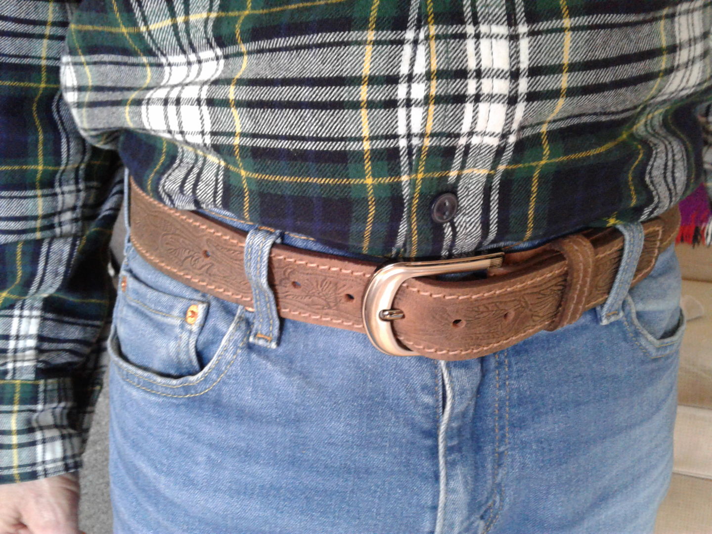 Customer photo review of The Wayfarer Belt - Brown Classic Western Embossed 100% Full Grain Leather Belt