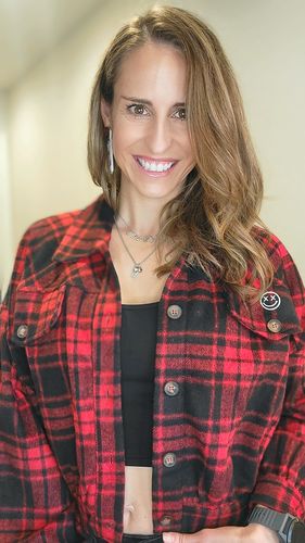 Customer photo review of Salty Savage Ladies OG Smile Cropped Button Down Jacket | Red/Black Flannel