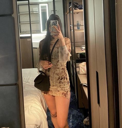 Customer photo review of Sheer mesh see through print high neck slit long sleeve mini dress