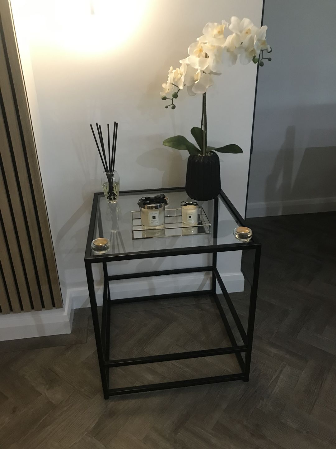 Customer photo review of Glass Metal Side End Table Matte Black Frame