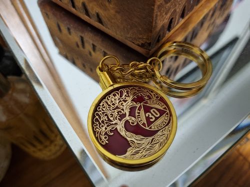 Customer photo review of 1 to 50 Year Sobriety Mint Twisted Tree of Life Gold Plated AA Recovery Medallion/Chip/Coin - Red