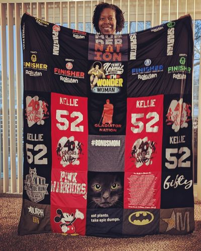 T-shirt quilt with running, fitness themes by Kellie from IL