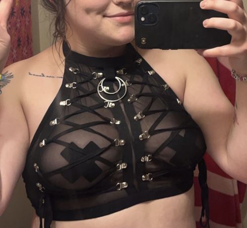Customer photo review of Mesh see through lace up open back metal ring open back top
