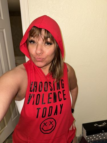 Customer photo review of Salty Savage Unisex “CHOOSING VIOLENCE TODAY” Sleeveless Racerback Muscle Tank Hoodie | In Your Face | Red/Black