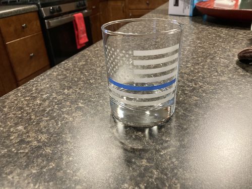Customer photo review of Thin Blue Line American Flag - Old Fashioned Whiskey Rocks Bourbon Glass - 10 oz capacity - Made in the USA