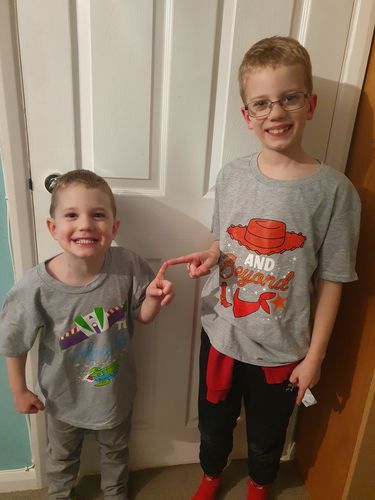Customer photo review of Infinity And Beyond Cartoon Kids Matching Grey T-Shirts