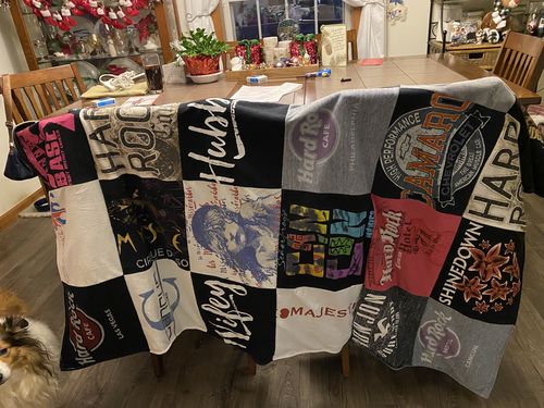 T-shirt quilt with motorcycles, music themes by Terry from NJ