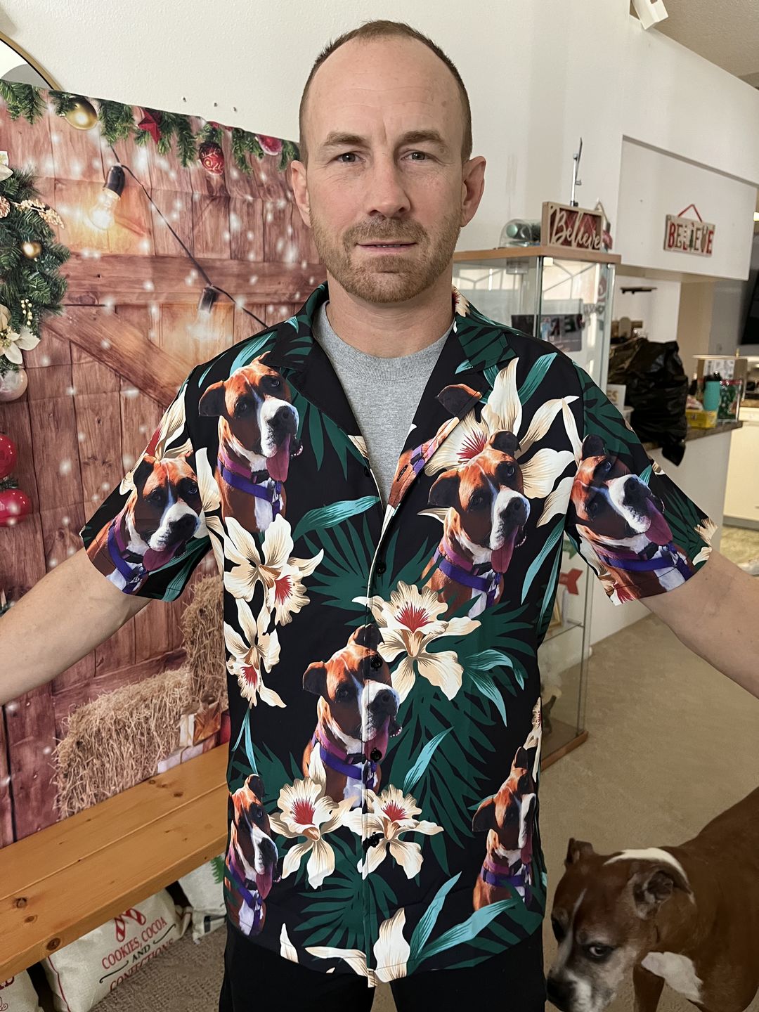 Customer photo review of Custom Leaves & Flowers Pattern Short-Sleeve Hawaiian Shirt (Dark Green Color)