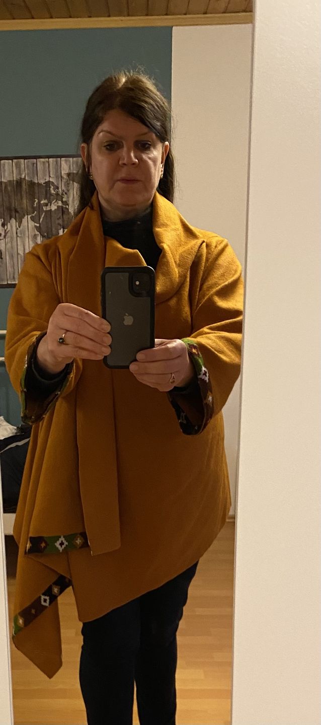 Customer photo review of NEW! Wool Cape Coat Cocoon Mustard