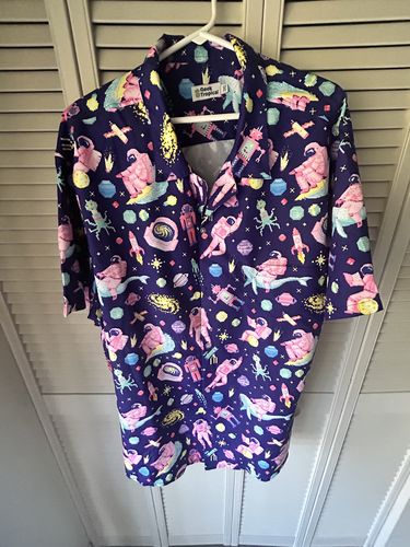 Customer photo review of Astronaut Pixels Outer Space Purple Blue Button Up Shirt