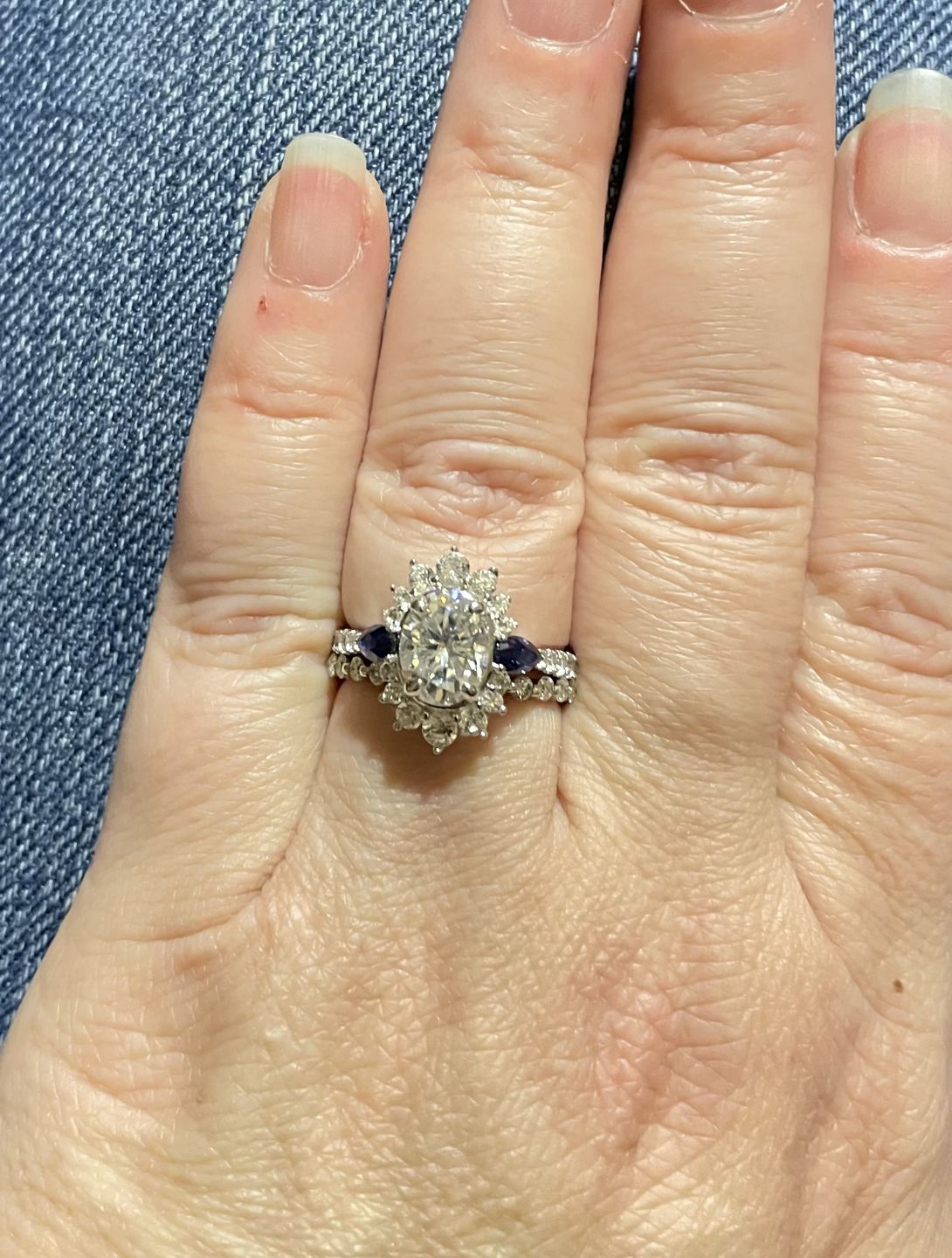 Customer photo review of Halo Oval Moissanite Pear Sapphire Sidestone Pave Engagement Ring