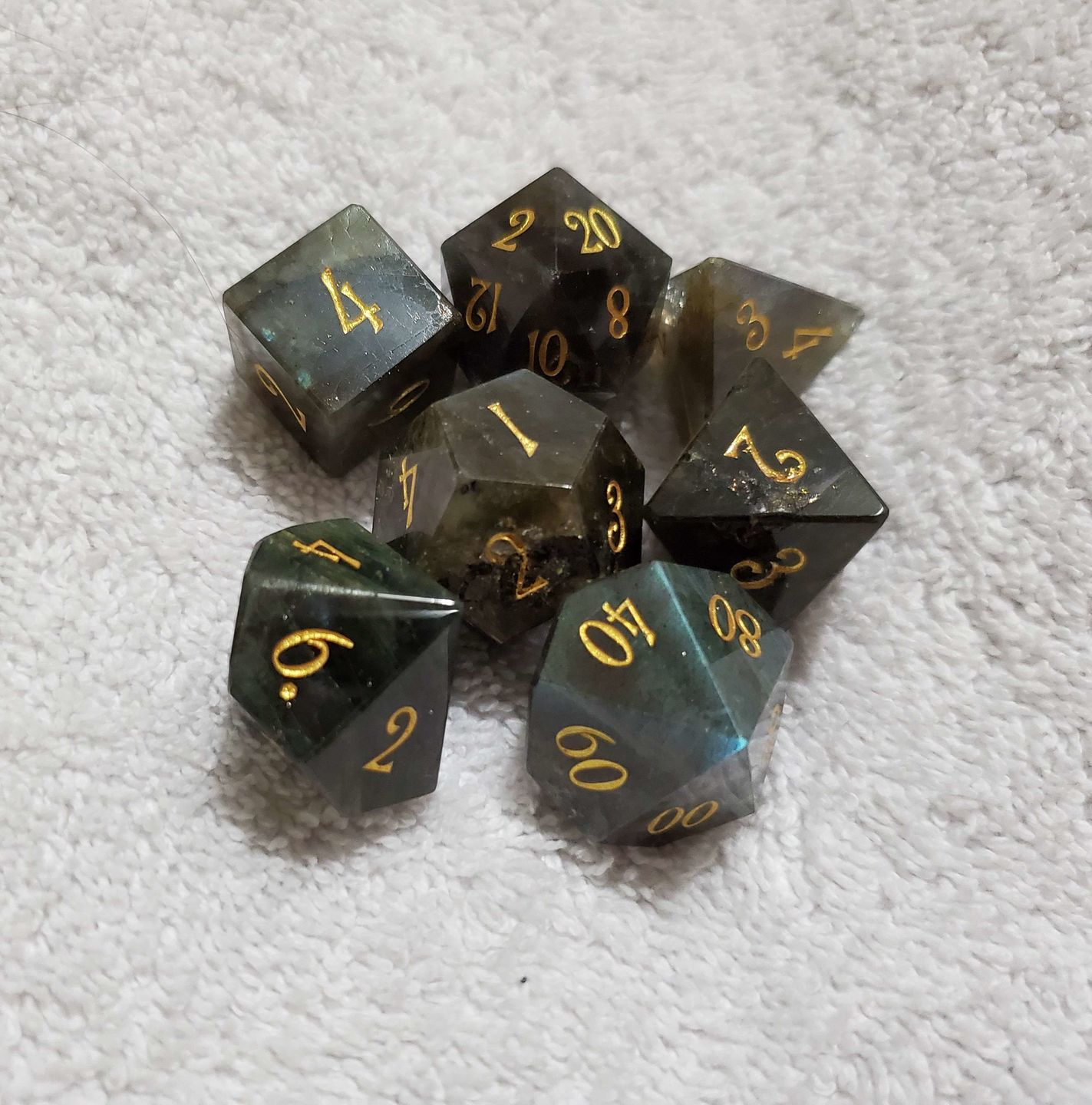Customer photo review of URWizards D&D Labradorite Gemstone Engraved Dice Set